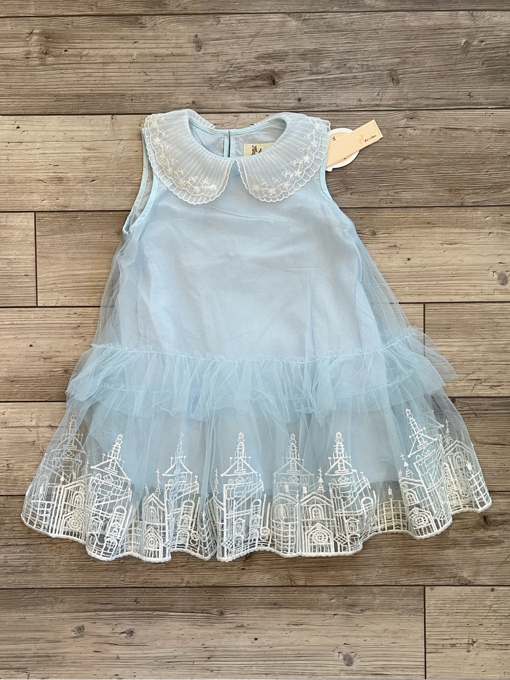 Doe A Dear | Round Collar Embroidery Mesh Skyline Dress | Size: 4T
